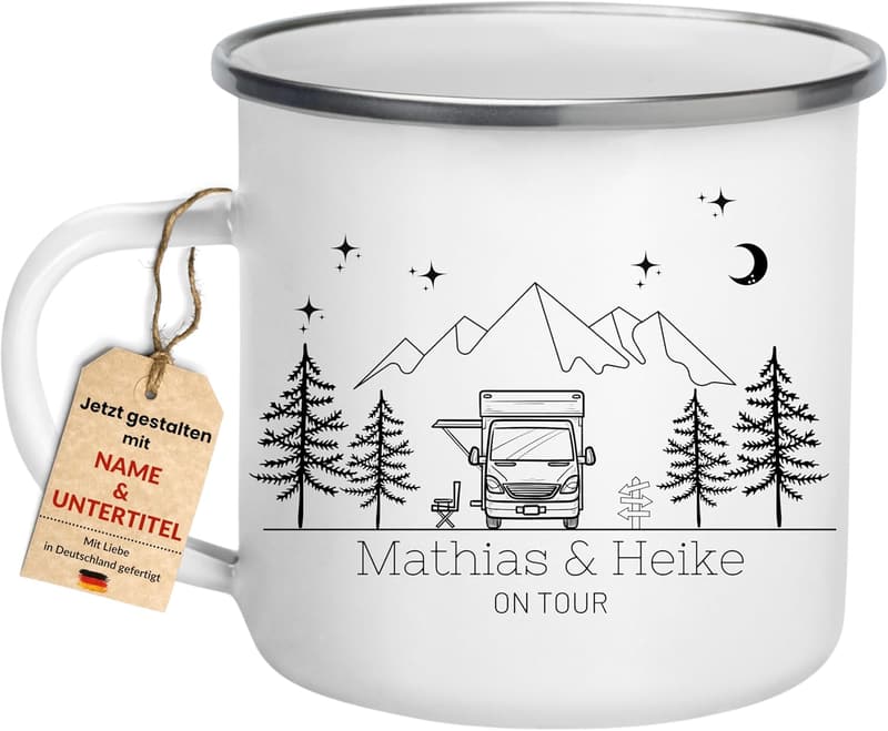 Personalisierte Emaille Camping-Tasse mit Namen für Camper, 330 ml