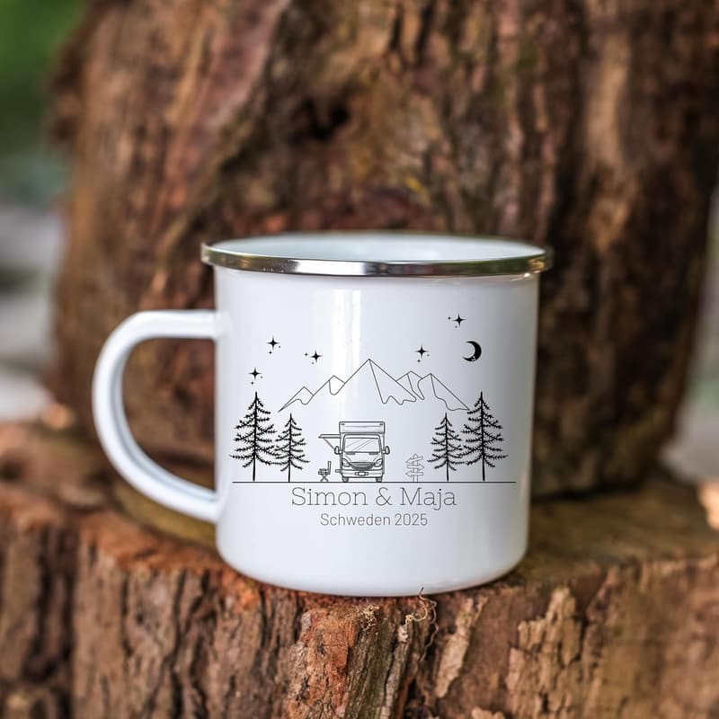 Personalisierte Emaille Camping-Tasse mit Namen für Camper, 330 ml