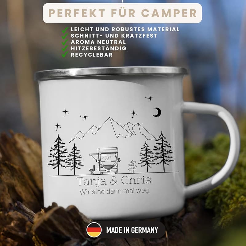 Personalisierte Emaille Camping-Tasse mit Namen für Camper, 330 ml