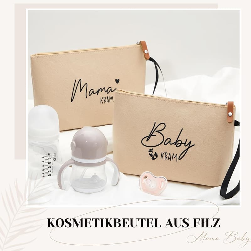 Kosmetiktasche aus Filz für werdende Mütter - Geschenk zur Babyparty (Beige)