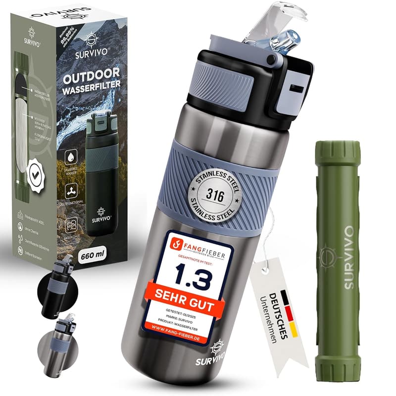 Outdoor Wasserfilterflasche aus Edelstahl mit 4000l Filterkapazität