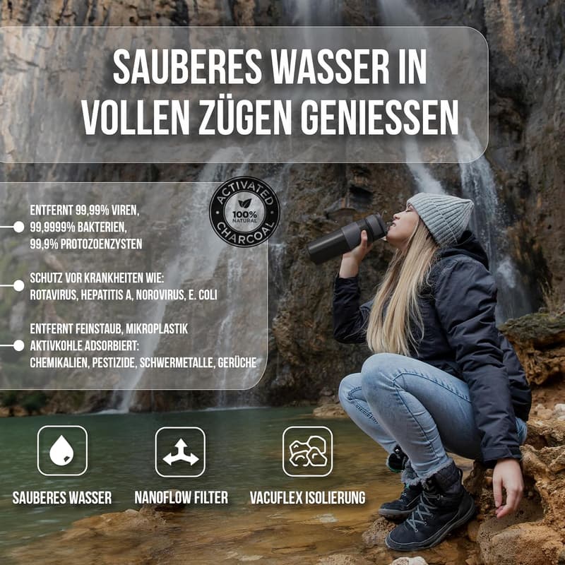 Outdoor Wasserfilterflasche aus Edelstahl mit 4000l Filterkapazität