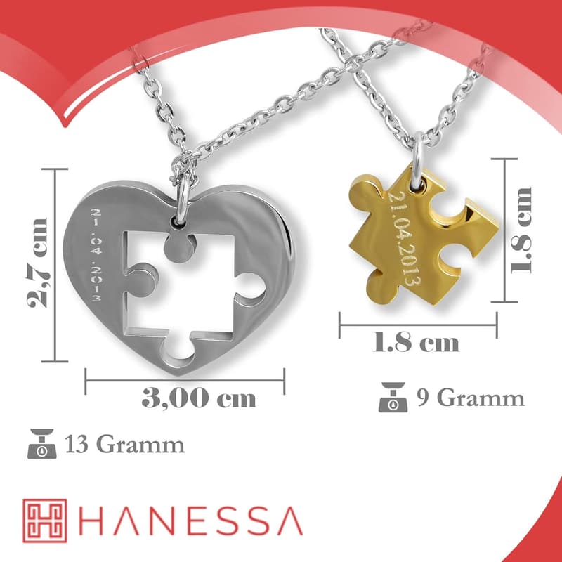 Personalisierte Edelstahl-Puzzle-Herz-Halskette für Paare