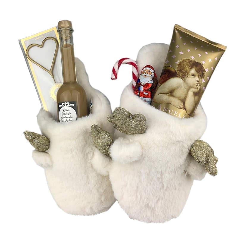 Kuscheliges Weihnachtsgeschenkset für Frauen mit Hausschuhen und Sekt