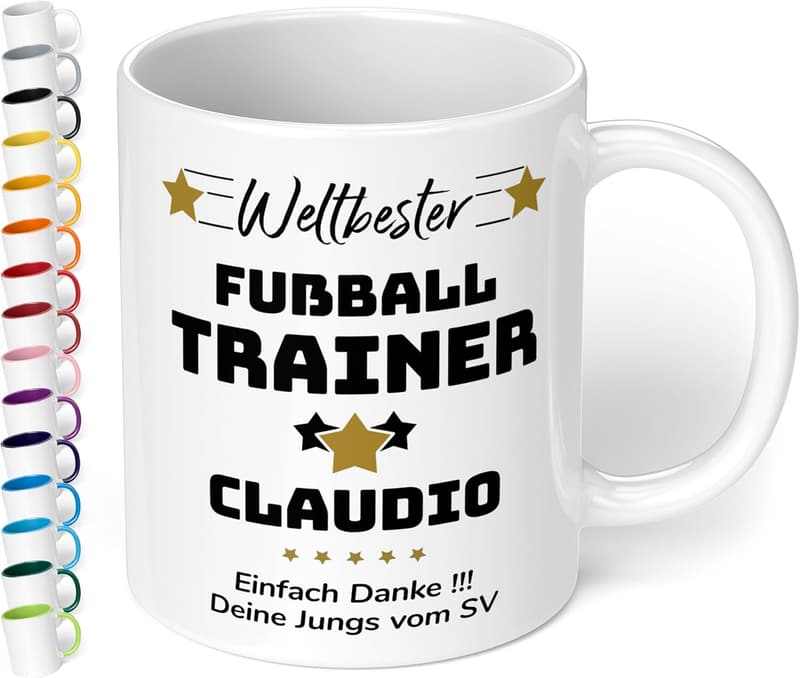 Personalisierte Keramiktasse für Trainer mit Sportart und Wunschtext, 330ml.