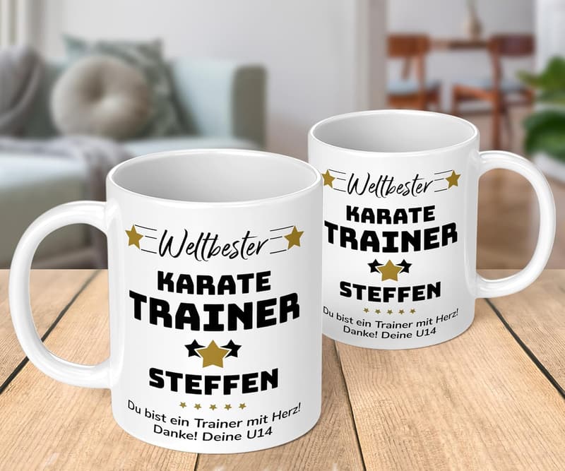 Personalisierte Keramiktasse für Trainer mit Sportart und Wunschtext, 330ml.