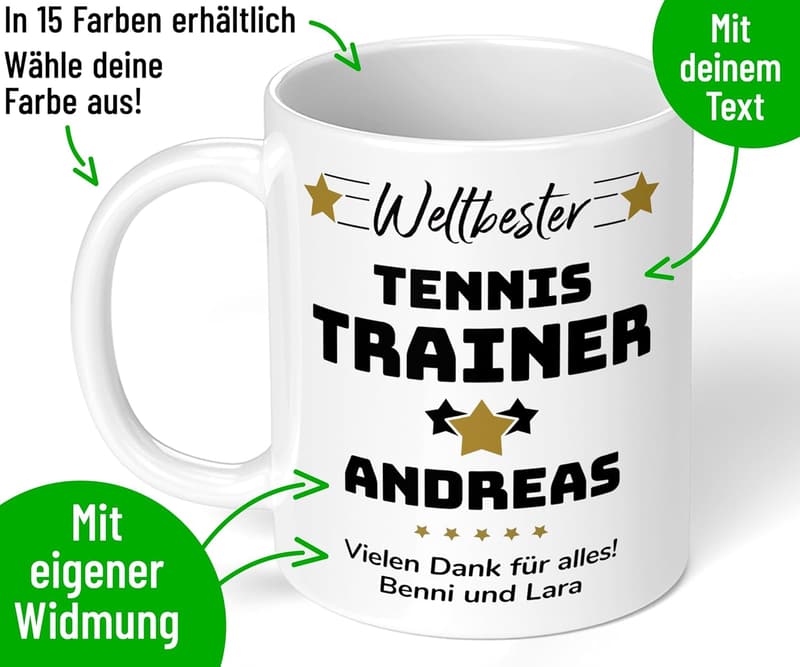 Personalisierte Keramiktasse für Trainer mit Sportart und Wunschtext, 330ml.
