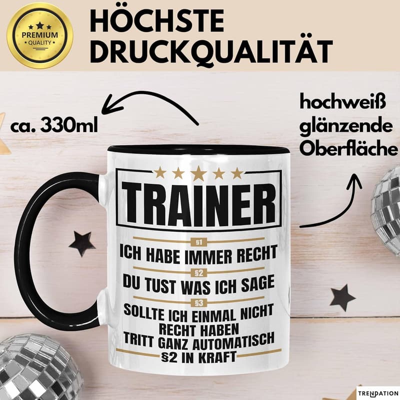 Trainer Tasse Schwarz - Geschenk für Coaches zu Weihnachten
