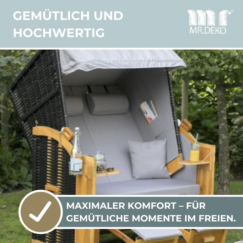 Strandkorb Ostsee Volllieger 2-Sitzer mit Kissen & Tisch – Schwarz/Grau