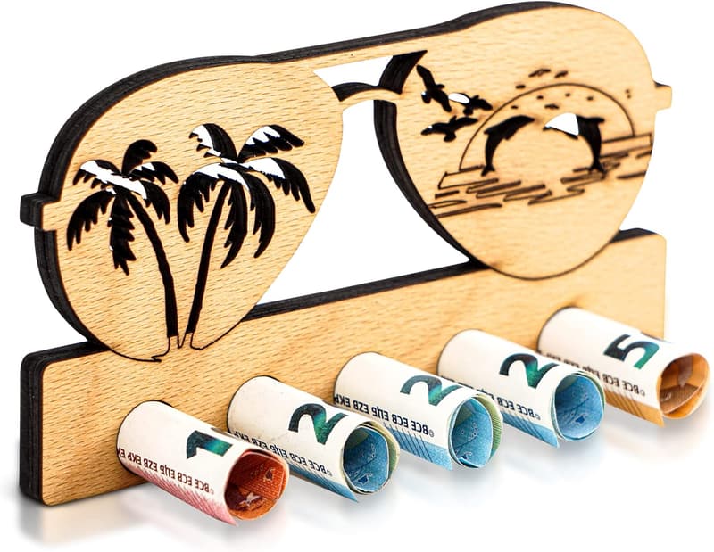Geldgeschenk in Holz - Urlaubsdesign mit Strand und Palmen