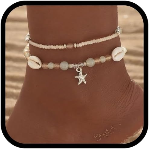 Boho Fußkettchen Set mit Muscheln für Frauen – verstellbar, 2 Stück