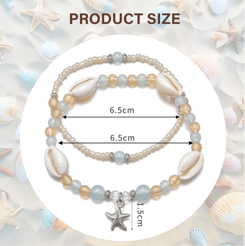 Boho Fußkettchen Set mit Muscheln für Frauen – verstellbar, 2 Stück
