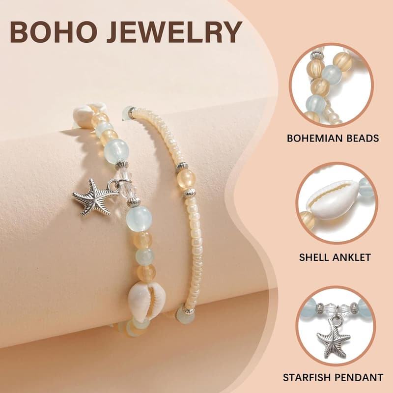 Boho Fußkettchen Set mit Muscheln für Frauen – verstellbar, 2 Stück