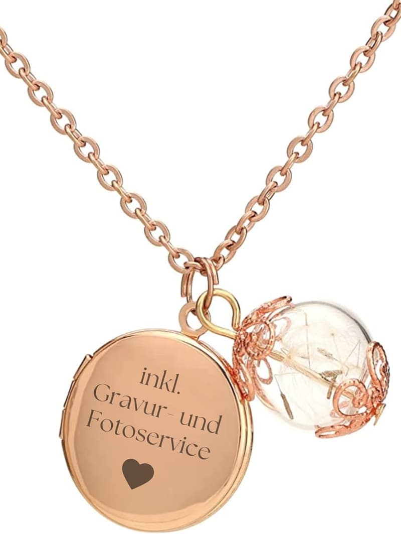Pusteblumen-Foto-Medaillon-Halskette in Roségold, 70 cm, exklusiv verpackt