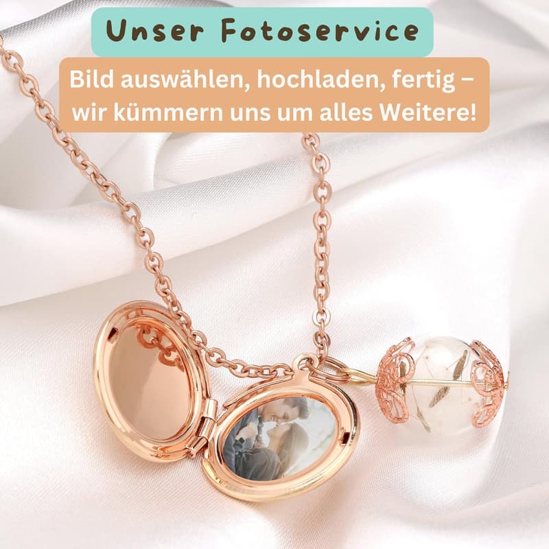 Pusteblumen-Foto-Medaillon-Halskette in Roségold, 70 cm, exklusiv verpackt