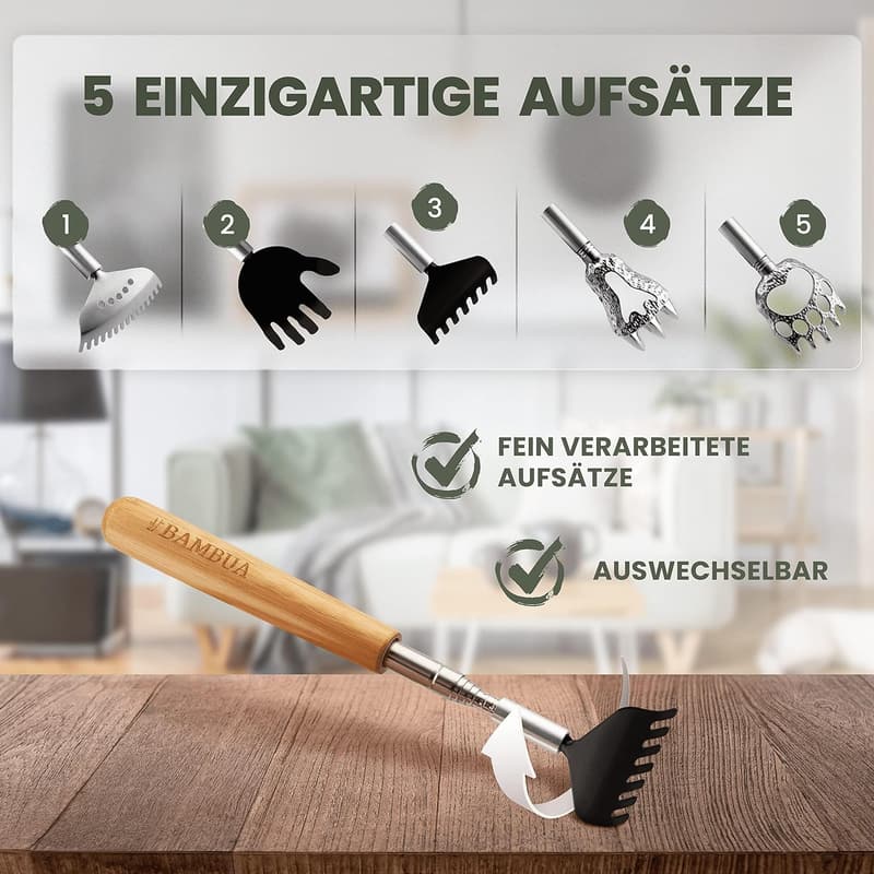 Ausziehbarer Rückenkratzer aus Bambus mit Edelstahlaufsätzen - Ideal zum Verschenken