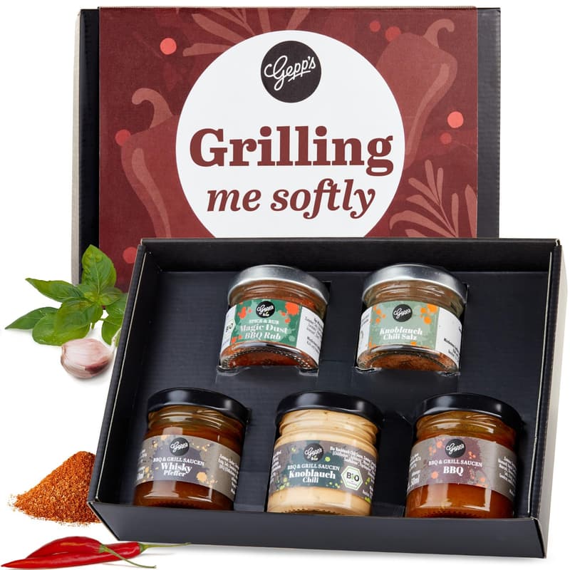 Grillgeschenk für Männer mit Gewürzen & BBQ-Saucen