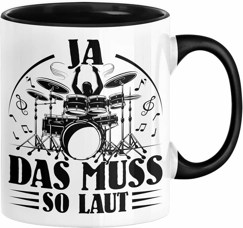 Schwarze Kaffeetasse für Schlagzeuger – Geschenkidee für Musiker