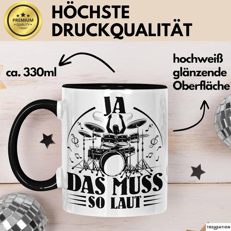Schwarze Kaffeetasse für Schlagzeuger – Geschenkidee für Musiker