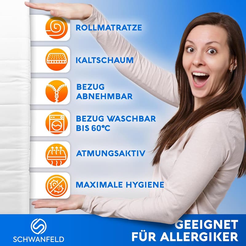 Orthopädische Kaltschaummatratze 90x200 cm, H2, waschbar bis 60 °C