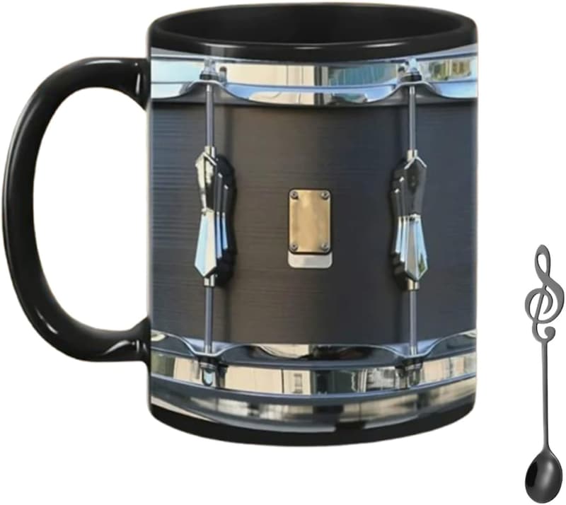 Schwarze Keramik-Kaffeetasse 11oz für Schlagzeuger mit Metalllöffel
