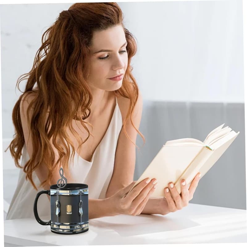 Schwarze Keramik-Kaffeetasse 11oz für Schlagzeuger mit Metalllöffel