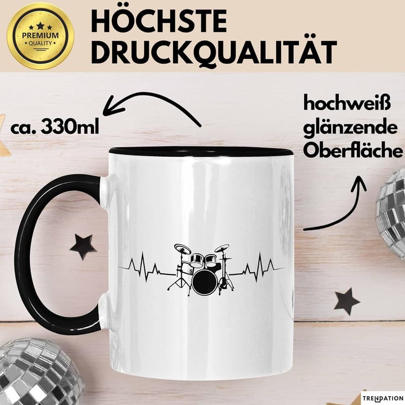 Schwarze Tasse für Schlagzeuger – Geschenkidee für Musikliebhaber