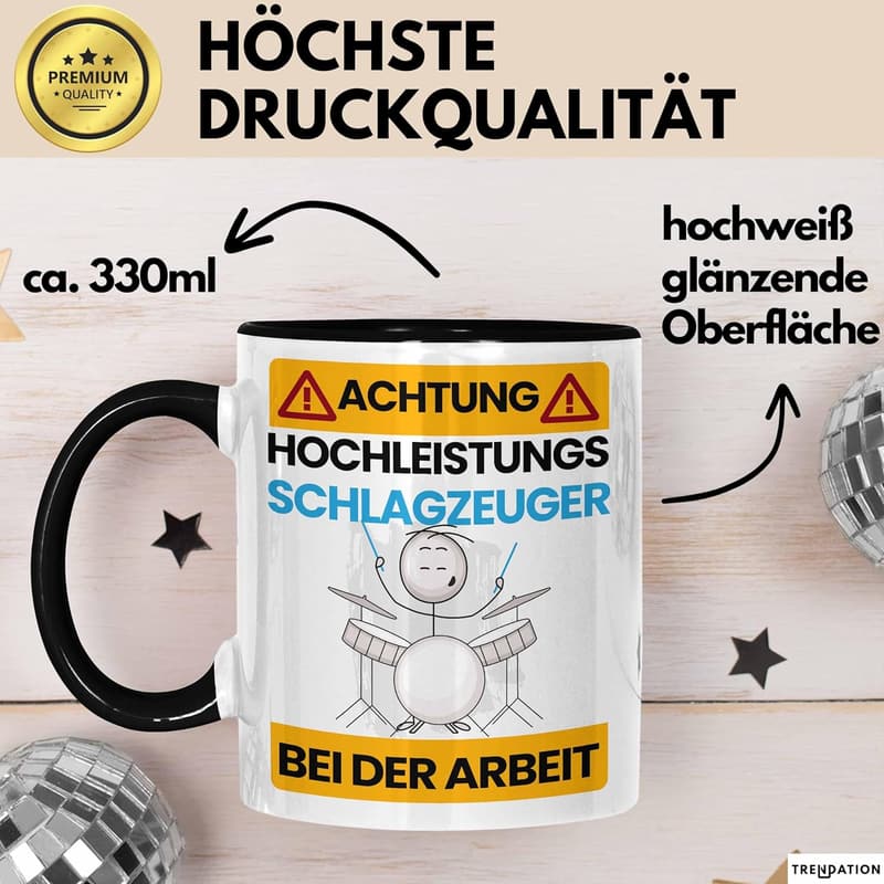 Lustige Tasse für Schlagzeuger – Hochleistungs-Geschenkidee (Schwarz)