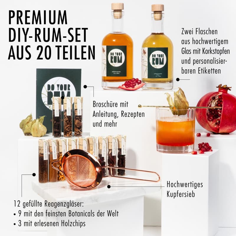 DIY Rum-Baukasten mit 12 Zutaten, Flaschen & Rezepten - Geschenkset für Rum-Liebhaber