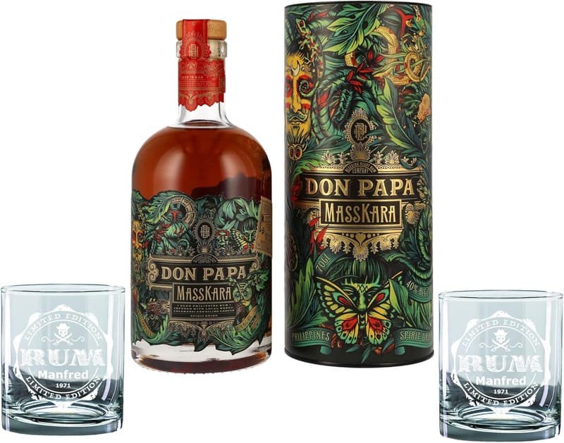 Personalisierte Geschenkbox mit 2 gravierten Rumgläsern und Rum 200ml