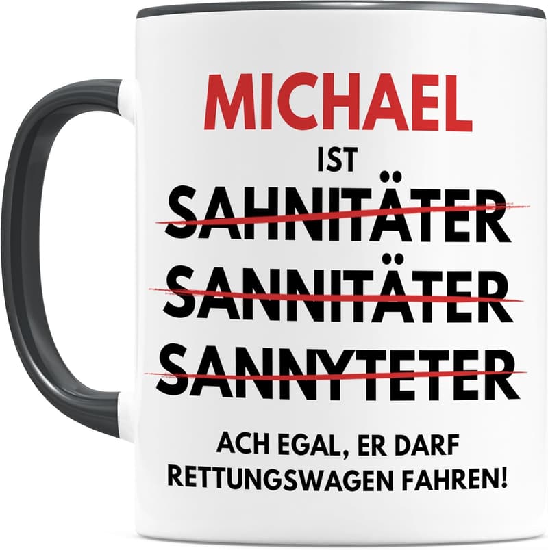 Personalisierte Tasse für Rettungsdienst mit Namen und Spruch, 330 ml