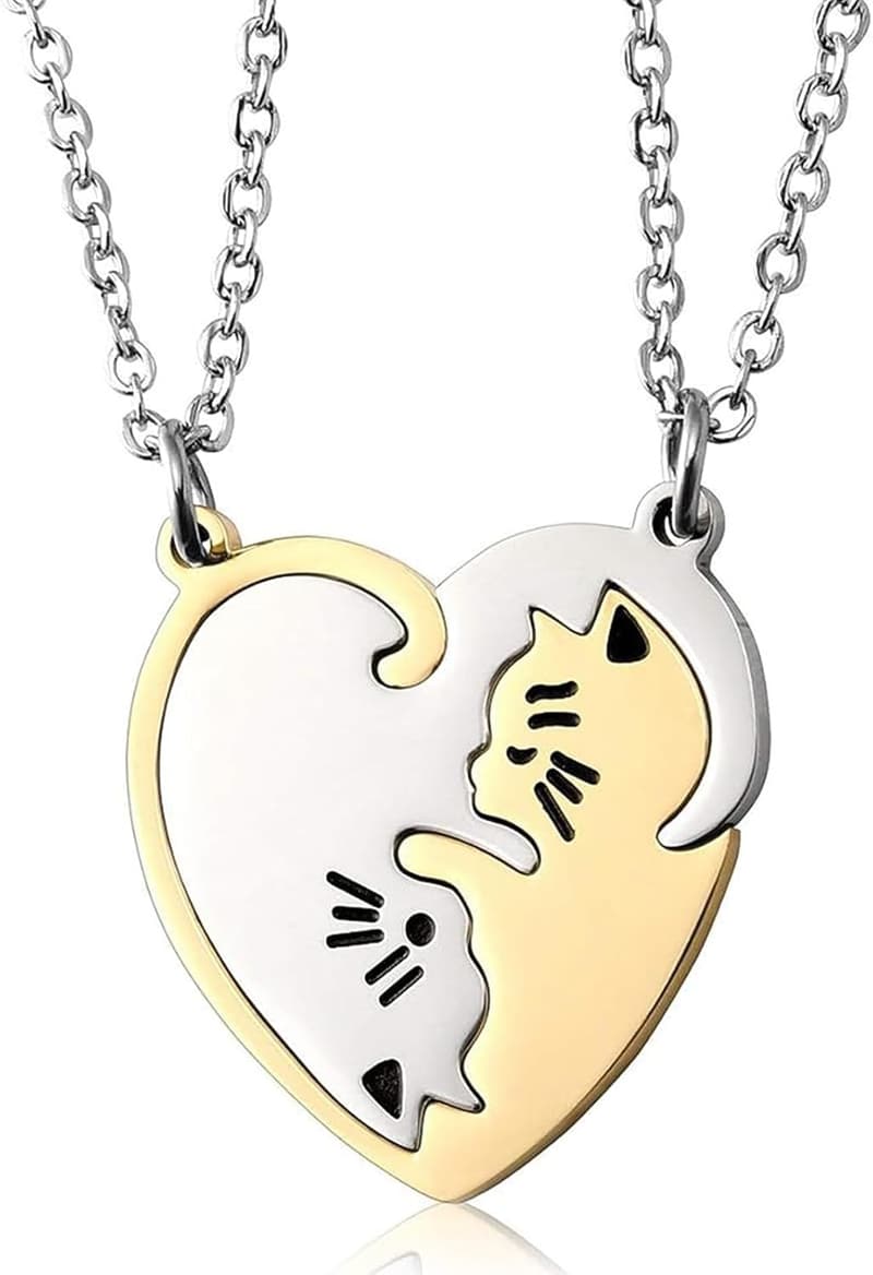 Paar-Halskette mit Katzen-Puzzle-Anhängern, Gold und Silber