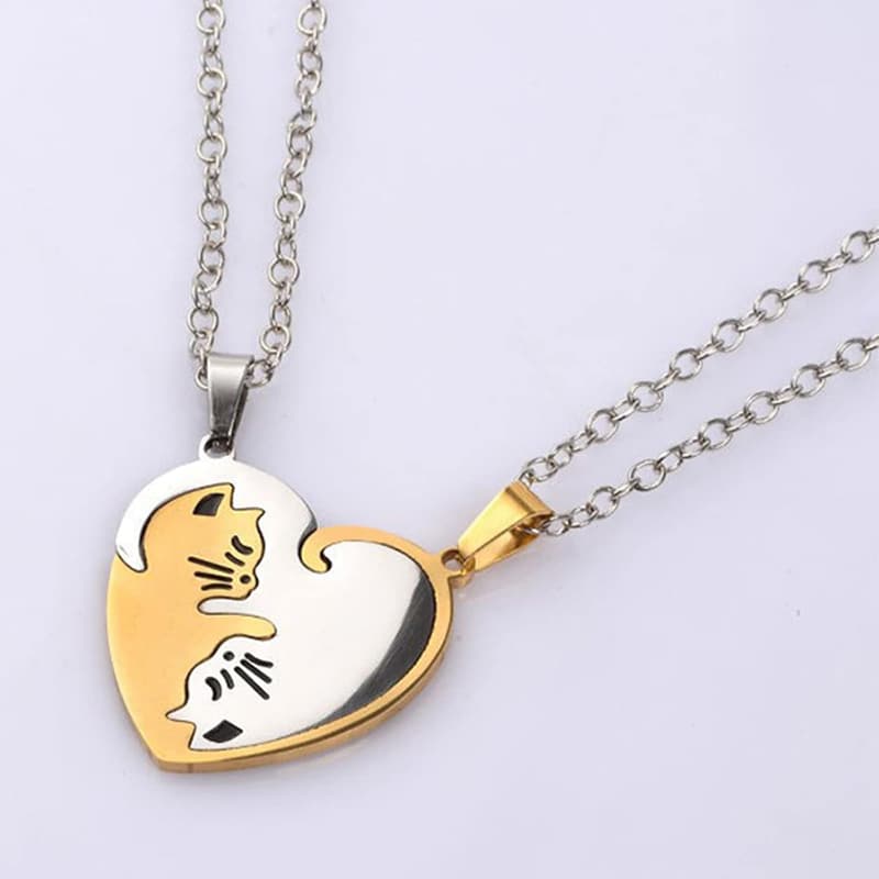 Paar-Halskette mit Katzen-Puzzle-Anhängern, Gold und Silber