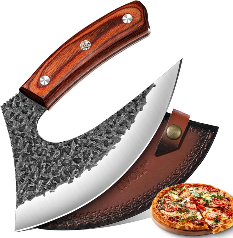 Handgefertigter Pizzaschneider aus Kohlenstoffstahl mit Lederscheide