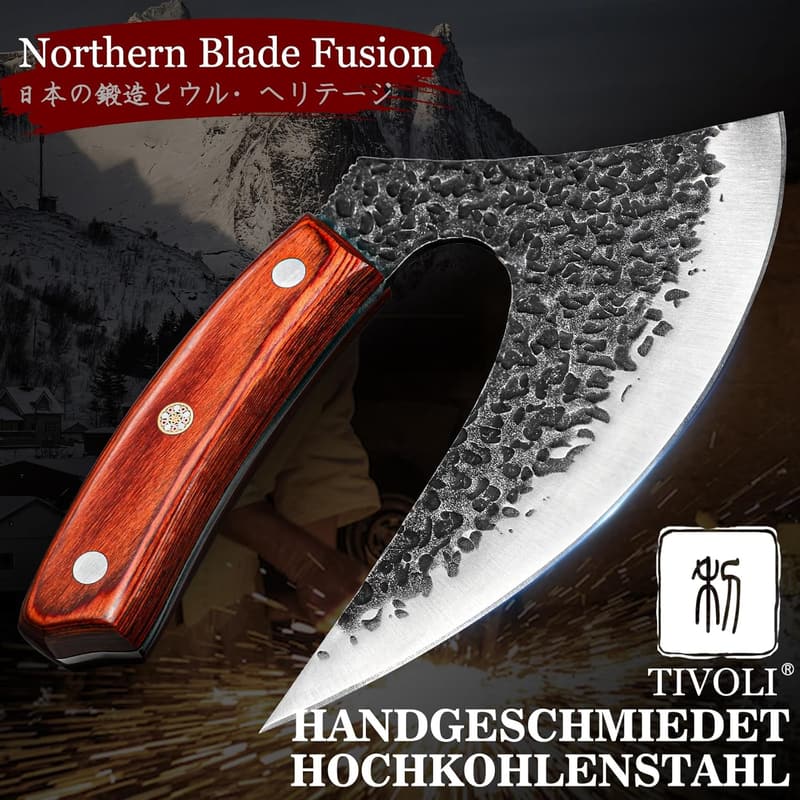 Handgefertigter Pizzaschneider aus Kohlenstoffstahl mit Lederscheide