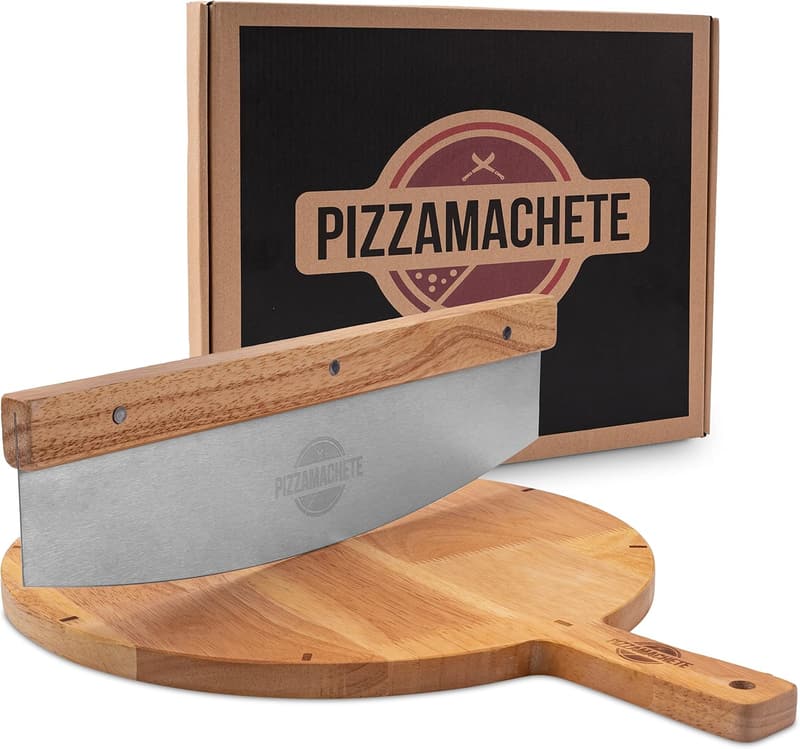 Pizzaschneider-Set mit Wiegemesser und Holzbrett aus Edelstahl