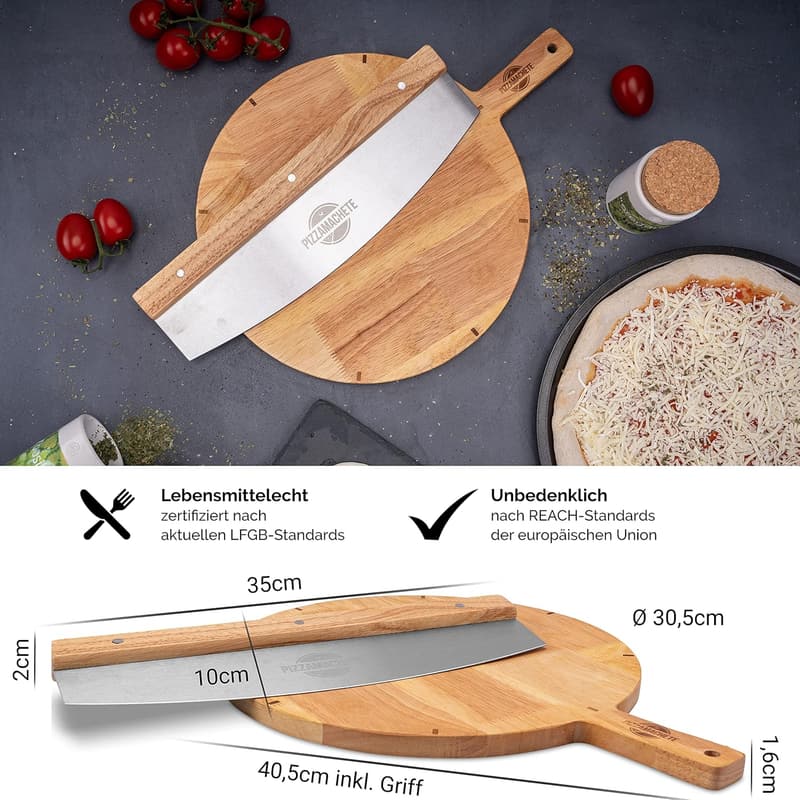 Pizzaschneider-Set mit Wiegemesser und Holzbrett aus Edelstahl