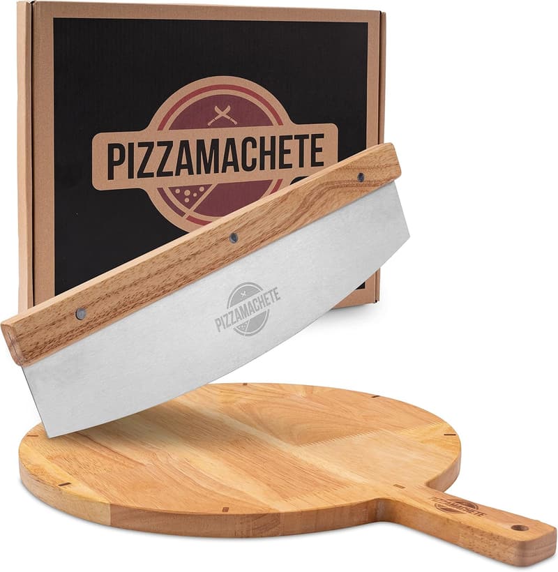 Pizzaschneider-Set mit Wiegemesser und Holzbrett aus Edelstahl