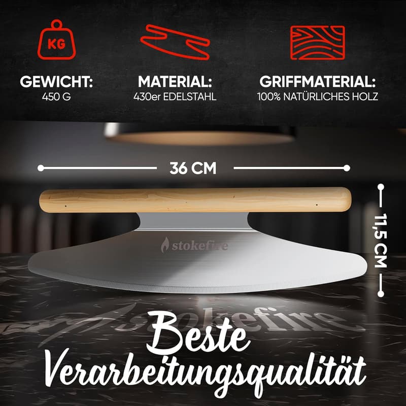 Pizzaschneider 36 cm mit Klingenschutz – Wiegemesser für Pizza und Kuchen