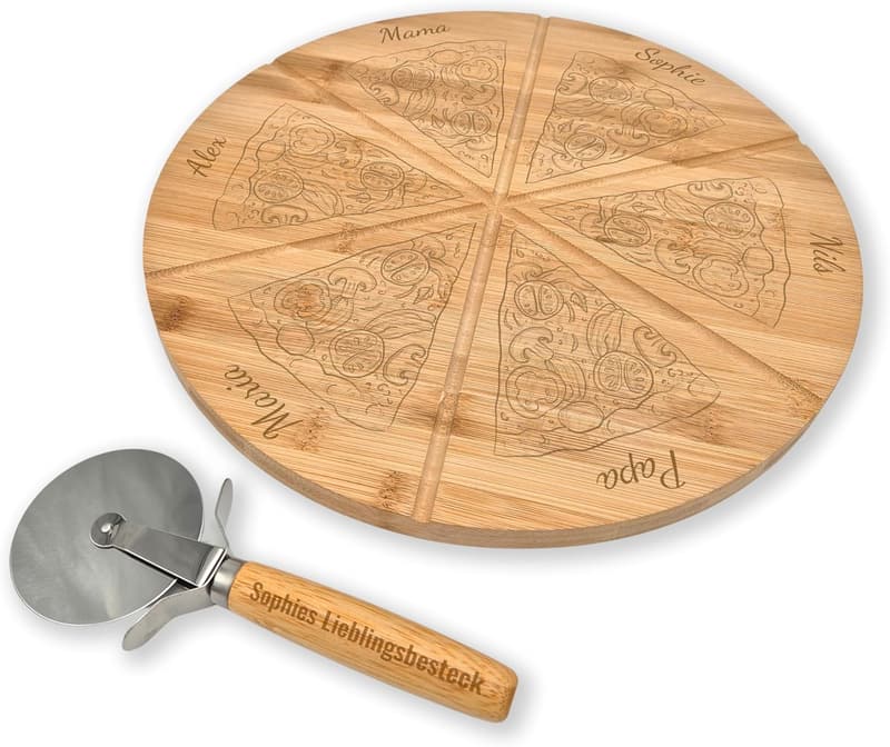 Personalisierter Pizzateller mit Gravur und Pizzaschneider Set