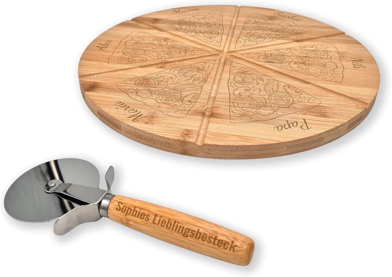 Personalisierter Pizzateller mit Gravur und Pizzaschneider Set