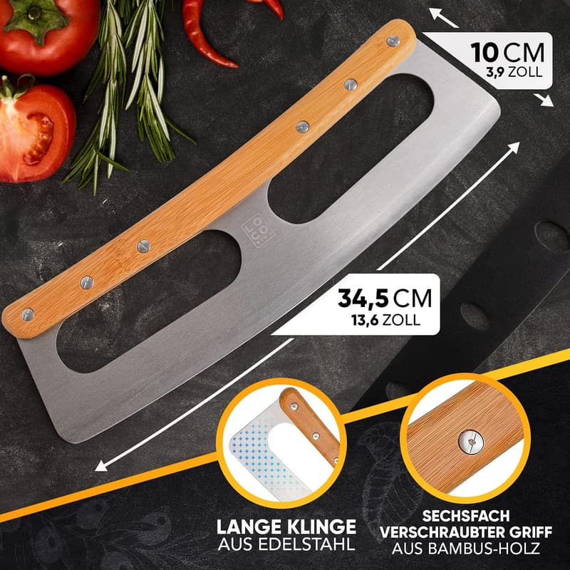 Vielseitiger Pizzaschneider aus Edelstahl mit Bambusgriff - 34,5 cm
