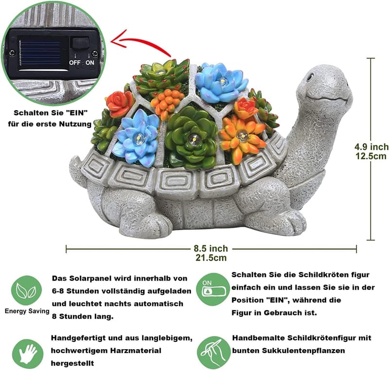 Kawaii Schildkröten Gartendeko mit Sukkulenten und LED-Lichtern