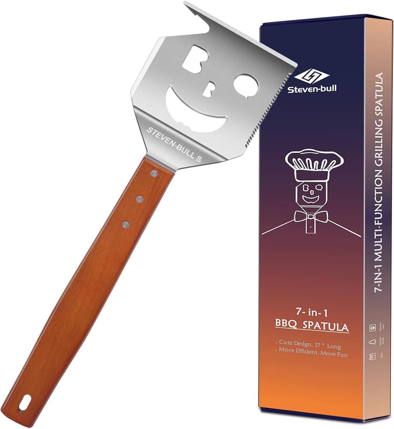 Multifunktionale 7-in-1 Grillspachtel mit Holzgriff - ideales Grillwerkzeug für Männer