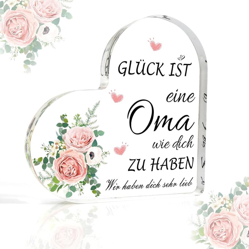Herzförmige Acrylplakette als Geburtstagsgeschenk für Oma