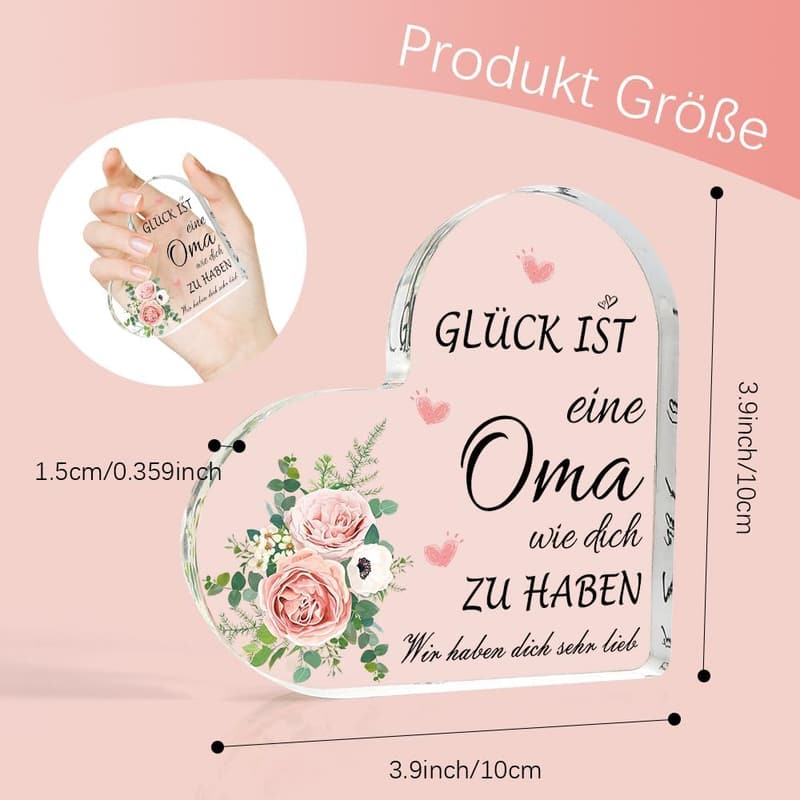 Herzförmige Acrylplakette als Geburtstagsgeschenk für Oma