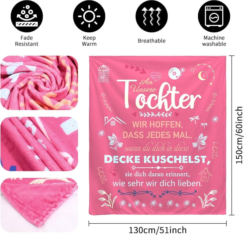 Kuscheldecke für Tochter – Geschenkidee für Geburtstag oder Hochzeit, 150x130cm