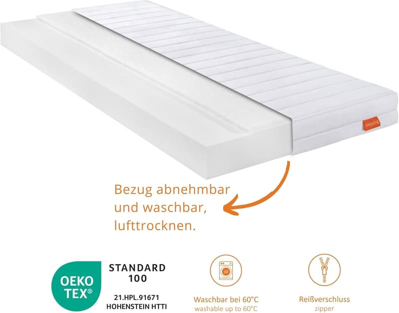 Komfortschaummatratze 80 x 200 cm, Härtegrad 2, waschbarer Bezug, Made in EU