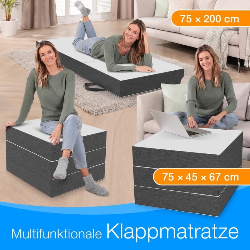 Klappmatratze 75x200 cm, 15 cm hoch, faltbar für Gäste und Reisen