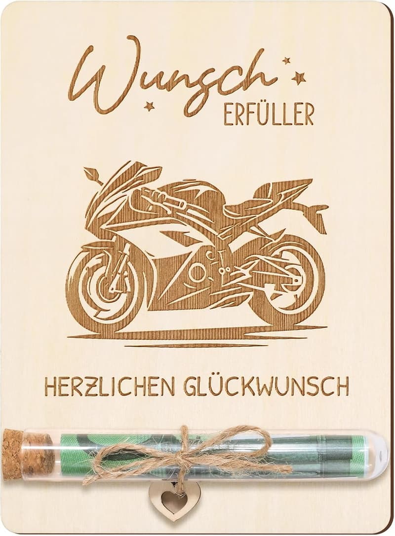 Geldgeschenk für Motorradfahrer in Holzverpackung – Geburtstagsgeschenk für Männer und Frauen.